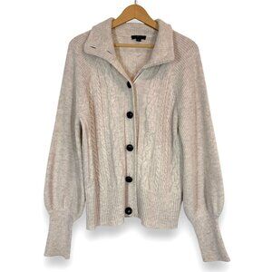 J Crew Cardigan Sweater Lambs Wool Cable Knit Balloon Sleeve Cream Large